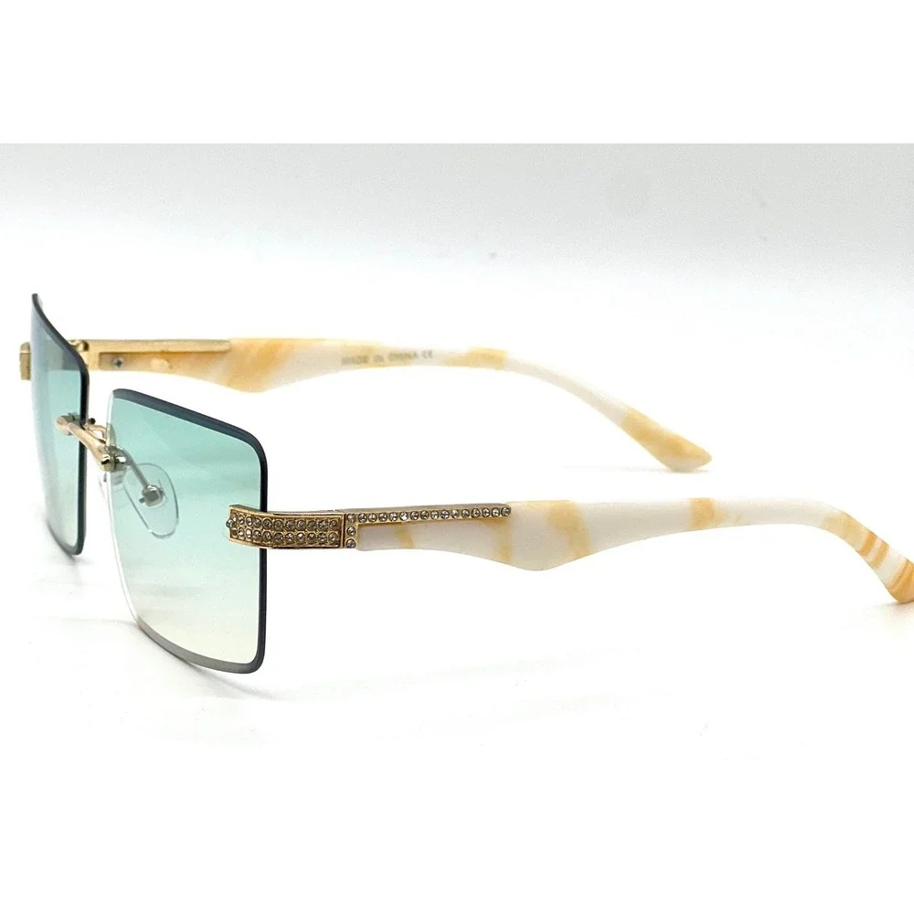 Rimless Rectangle Sunglasses Green Lens Rhinestone Accents Fashion Shades Lentes